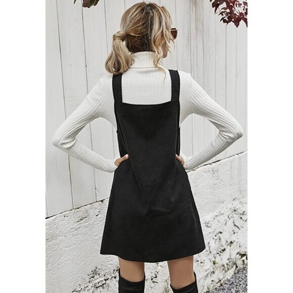 Black Corduroy Sleeveless V-Neck A-Line Mini Pinafore Overalls Tank Dress - Picture 4 of 6